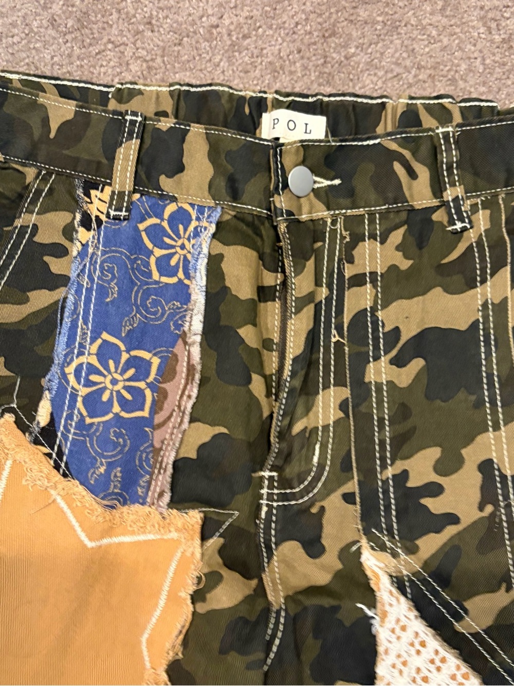 Pol Hunting Wives SzMed Patchwork Camo Wide-Leg Pants Olive/Beige - Picture 6 of 16